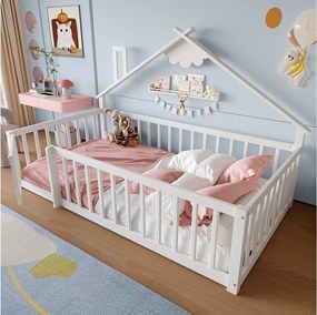 Łóżko dziecięce płaskie - 90 x 190 cm - barierka zabezpieczająca z zamkiem - Sosna + MDF - białe