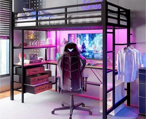 Łóżko antresolowe 90x200 cm - z oświetleniem LED - z biurkiem - z 3 szufladami - czarne (bez materaca)
