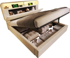 Łóżko hydrauliczne ze schowkiem - 180 x 200 cm - regulowany zagłówek ze schowkiem - z diodami LED + USB/Typ-C - aksamitne - beżowe