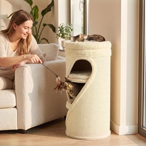 PawHut Beczka do drapania 75 cm wys. Ø 35 cm 4-poziomowa kocia beczka z 3 jaskiniami, zdejmowane prane pluszowe legowisko, mata z sizalu | Aosom PL