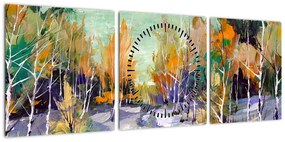 Obraz - Zaśnieżona ścieżka przez las, obraz olejny (z zegarem) (90x30 cm)
