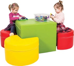 Zestaw piankowy do przedszkola - stolik z kolorowymi pufami SitFun