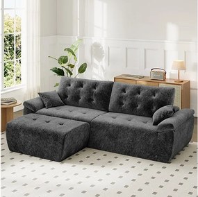 Modułowa narożna kanapa w tkaninie Chenille, 3/4 osobowa, z pufem i 2 poduszkami, 275x174x90cm, Szary