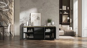Ryflowana komoda z szafkami i szufladami Selene 3D3SZ, czarna na złotych płozach