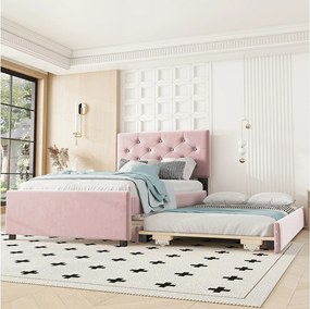 Łóżko wysuwane 90 x 200 cm + 90 x 190 cm z wezgłowiem - aksamit - różowe (bez materaca)