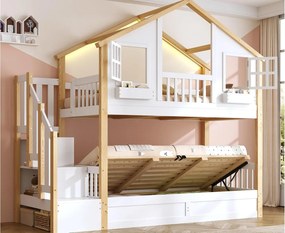 Łóżko piętrowe dziecięce 90x200 - z dolnym łóżkiem ze skrzynią - LED i drabina z pojemnikami - biały i naturalny​ (bez materaca)