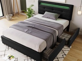 Łóżko 90 x 200 cm - tkanina lniana - LEDy - czarne