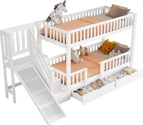 Łóżko piętrowe z drewna i MDF - 90x200 cm - z zjeżdżalnią i schodami - Białe (bez materaca)