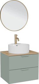 Wisząca szafka łazienkowa z okrągłą umywalką nablatową, baterią i lustrem – Szałwiowa zieleń – S60 cm – AVORELI
