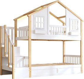 Łóżko piętrowe dziecięce 90x200 - z dolnym łóżkiem ze skrzynią - LED i drabina z pojemnikami - biały i naturalny​ (bez materaca)