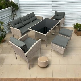 Zestaw mebli stołowych do ogrodu dla 7 osób Betim 078 jasny beż, poduszki szare
