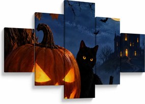 Obraz - Czarny kot przy świecącej dyni na Halloween (125x70 cm)