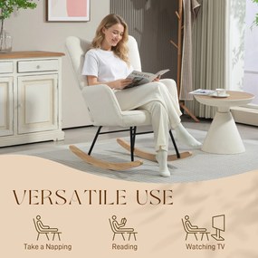 HOMCOM Fotel Bujany w Wyglądzie Fleece z Podłokietnikami, Ergonomiczny Fotel na Drewnianych Płozach, do Salonu, Sypialni, Biały