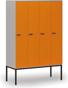 Drewniana szafa ubraniowa S4 z podstawą, 4-drzwiowa, 1871 x 1200 x 500 mm, demontaż, zamek mechaniczny z kodem, szary/pomarańczowy