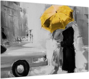 Obraz - Zakochana para pod parasolem, żółty (70x50 cm)