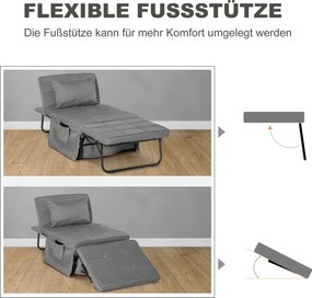 HOMCOM Składane łóżko 4w1, fotel otomana, leżak z piankowym materacem, z regulacją wysokości, łóżeczko podróżne szare 188x75x38 cm
