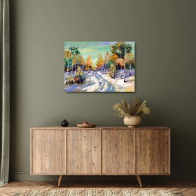 Obraz na szkle - Zaśnieżona ścieżka przez las, obraz olejny (70x50 cm)