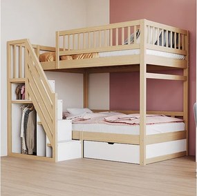 Łóżka piętrowe 2x90x200cm - z drabiną i szufladą - Sosna+Sklejka+MDF - Naturalny+Biały