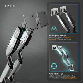 Uchwyt regulowany na 2 monitory 35 cali RGB Diablo X-Arm Dual, szaro-czarny