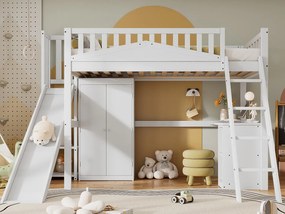 Łóżko piętrowe drewniane 90x200 cm - z biurkiem + szafą + zjeżdżalnią - białe