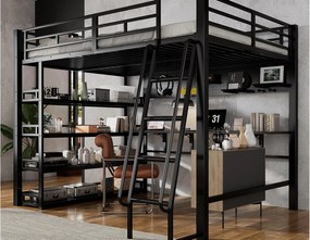 Łóżko mezzanine 140x200 cm - z biurkiem i półką do przechowywania - z portem ładowania - z drabiną - Metal + płyty wiórowe - Czarny