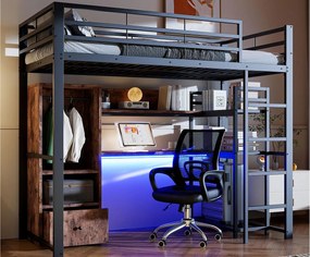 Łóżko piętrowe 90x200 cm - z oświetleniem LED - z biurkiem - z 1 szufladą - z drabinką - czarne