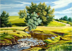 Obraz na szkle - rzeka między łąkami, obraz olejny (70x50 cm)