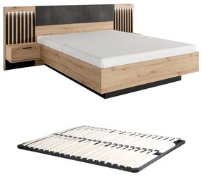 Łóżko z szafkami nocnymi 160 x 200 cm - Z oświetleniem LED - Naturalny i czarny + Stelaż - ARIADA