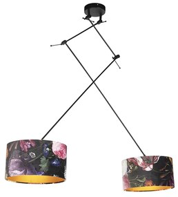 Lampa wisząca czarna z abażurami z aksamitu w kwiaty ze złotem 35 cm 2-światłowa - Blitz klasyczny/Antyczny Oswietlenie wewnetrzne