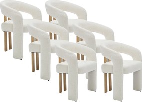 Zestaw 6 krzeseł z podłokietnikami z tkaniny z bukli  i drewna kauczukowca  - Białe - NORETI