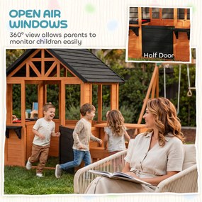 AIYAPLAY Domek ogrodowy z drewna dla dzieci z ławkami, stołem, zlewem, oknem, stojakiem na doniczki dla dzieci w wieku 3-8 lat, jasnobrązowy | Aosom PL