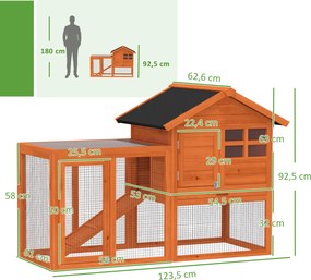 PawHut Domek dla królików 2 poziomy, drewniany domek z wodoodpornym dachem asfaltowym, wybieg, rampa, drzwi, 123,5 x 62,6 x 92,5 cm, pomarańczowy | Aosom PL