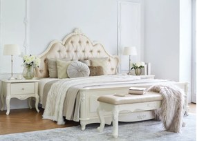 Łóżko glamour pikowane 180x200 cm ecru z kryształkami Chiara. Łóżko francuskie z tapicerowanym zagłówkiem. Meble w stylu francuskim La Perle.