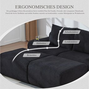Sofa modułowa 2-osobowa - 200 x 174 x 80 cm - z 2 pufami + uchwytami na kubki + kieszenią do przechowywania - aksamitna - czarna