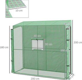 Outsunny Szklarnia Przyścienna z Folią, Wzrost Roślin, Odporna na Pogodę, 200 cm x 80 cm x 200 cm, Zielony