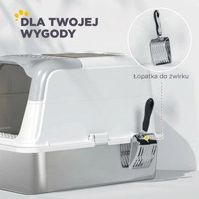 PawHut Toaleta dla kotów, kocie WC z pokrywą, łopatka do żwiru, wejście z przodu i wyjście na górze, stal nierdzewna do 15 kg