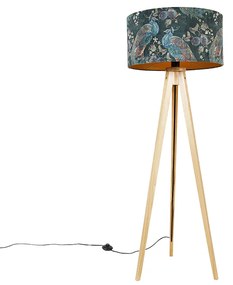 Nowoczesna lampa podłogowa drewniana z abażurem z tkaniny w kolorze czarnym z motywem pawia 50 cm - Tripod Classic Nowoczesny Oswietlenie wewnetrzne