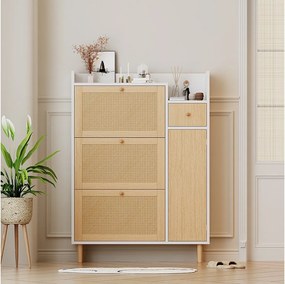 Szafka na buty z 3 drzwiami opuszczanymi i 1 szufladą, wymiary 90L x 17W x 125H cm, imitacja drewna, imitacja trzciny rattanowej, kolor biały + dąb