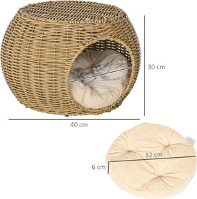 PawHut Domek dla kota kosz jaskinia 2 poziomy z plecionki imitacji rattanu z żywicy z 1 miękką poduszką Ø 40 x 30 cm jasnobrązowy | Aosom PL