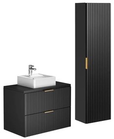 Szafka łazienkowa wisząca ryflowana z umywalką nablatową i słupkiem - Czarny - 80 cm - ZEVARA
