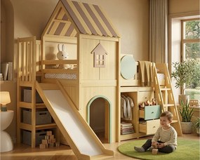 Łóżko piętrowe dziecięce 90x200 cm - ze zjeżdżalnią i drabinką - z szufladami i szafą - design domku - lite drewno + MDF - naturalny (bez materaca)