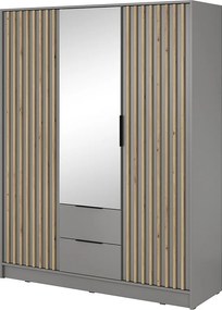 Szafa z lustrem Fioro - szafa otwierana 150 cm, 3 drzwi, szuflady - lamele, drążek, szary
