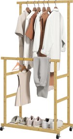 HOMCOM Wieszak na kółkach, wieszak z drążkiem, półka na buty, z bambusa, 80 x 40 x 160 cm, naturalny | Aosom PL