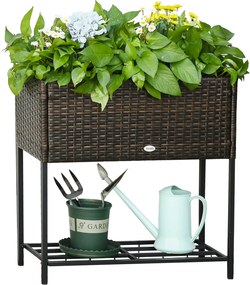 Outsunny Grządka Podwyższona Technorattan Skrzynka na Kwiaty z Półką Stabilne Nogi Brązowa 70x30x72cm | Aosom PL