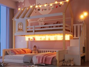 Łóżko piętrowe 90x200cm + 140x200cm - z oświetleniem LED - drabina z pojemnikami - biały + naturalny (materac nie jest wliczony w cenę)