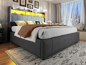 Lniane wyściełane łóżko skrzyniowe ze schowkiem 160x200cm - z diodami LED + gniazdkami - Szare