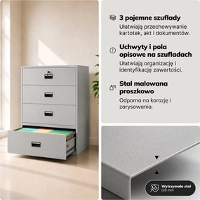 Szafa kartotekowa metalowa z 4 szufladami szara, 900x1320x600 mm: SARA XL V4