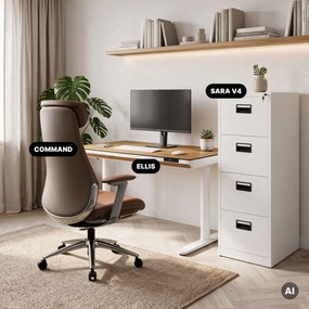 Biurko elektryczne sit-stand z szufladą i ładowarką bezprzewodową Qi białe/złoty dąb, 1200 mm: ELLIS