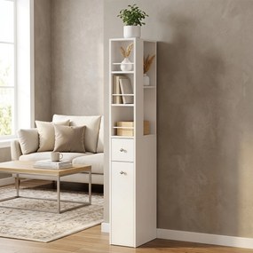HOMCOM Wysoki, smukły słupek łazienkowy 135 cm z 2 szufladami, 2 bocznymi półkami, 3 przegrodami, 18x40x135 cm, Biały | Aosom PL