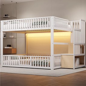 Łóżko piętrowe dla dzieci - 2 x 140 x 200 cm - z drabinką + diody LED - MDF + metal - białe